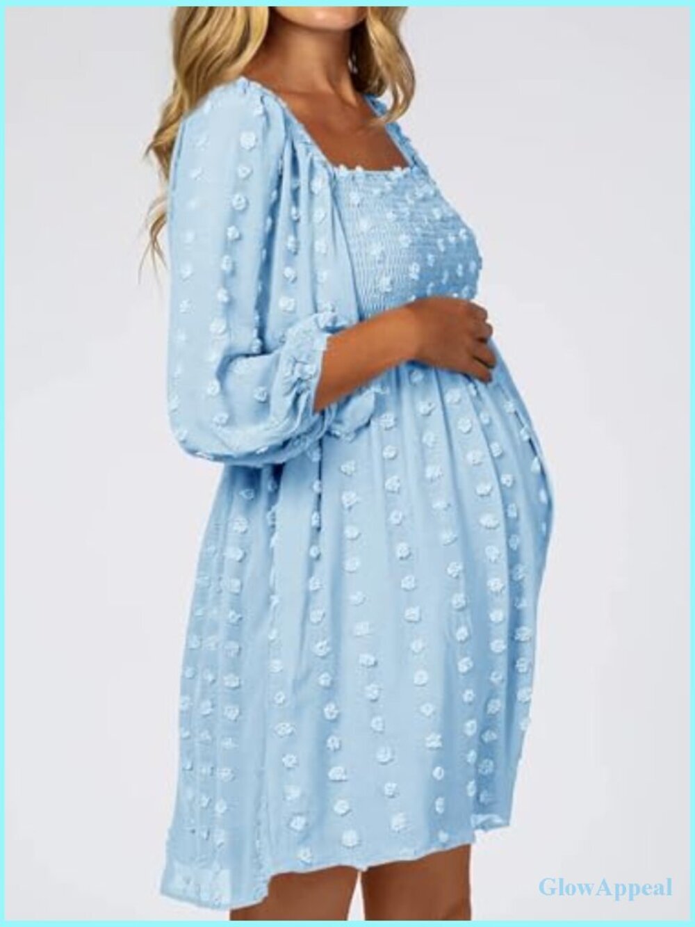 Long Sleeve Maternity Dress Square Neck Swiss Dot Casual Loose Mini - Picture 2 of 7